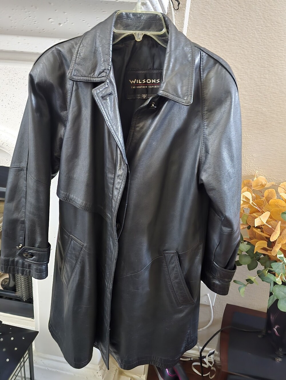 Wilson Black Leather Trench Coat Sz S